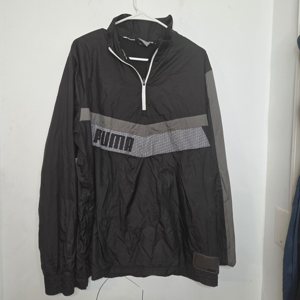 Puma Mens Training Quarter Zip Windbreaker‎ Jacket Black Grey Logo Size Large